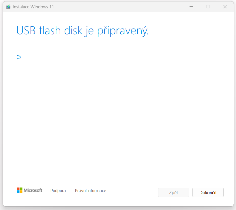 Dokončení vytvoření instalačního USB Windows 11